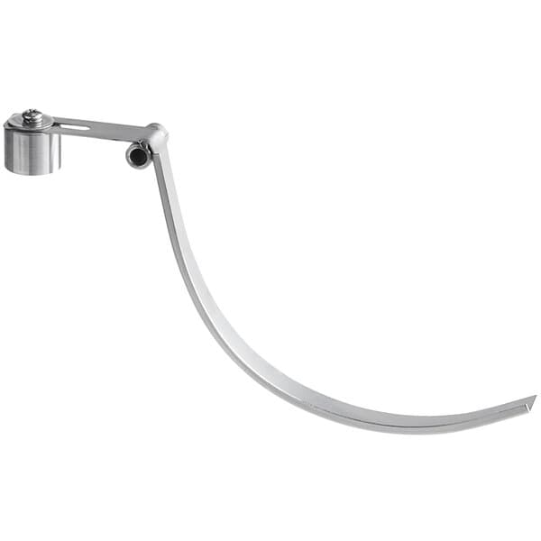 A silver curved metal dough hook with a handle.