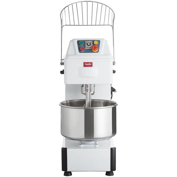 An Estella two-speed spiral dough mixer with a bowl on top.