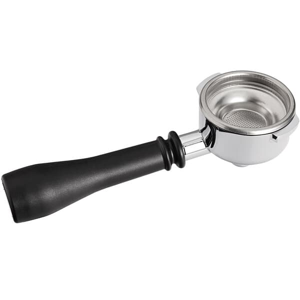 A stainless steel Estella Caffe portafilter with a black handle.