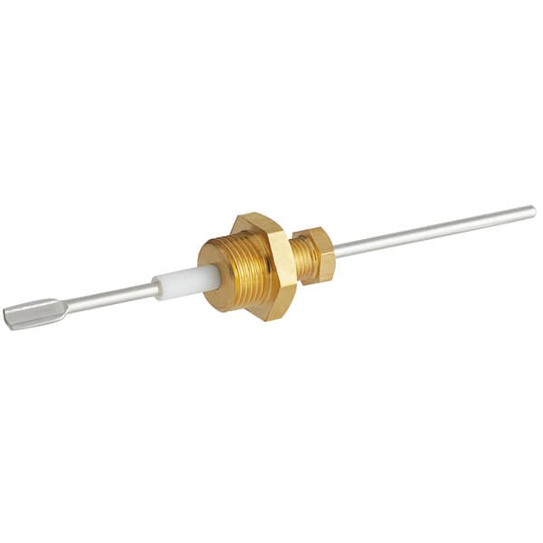 A gold and white bolt with a brass and gold plated temperature probe on a white hose.
