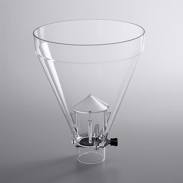 A clear glass funnel with a black base and metal cap.