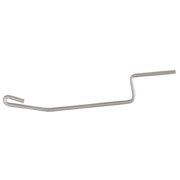 A metal hook on a long metal rod with a white background.