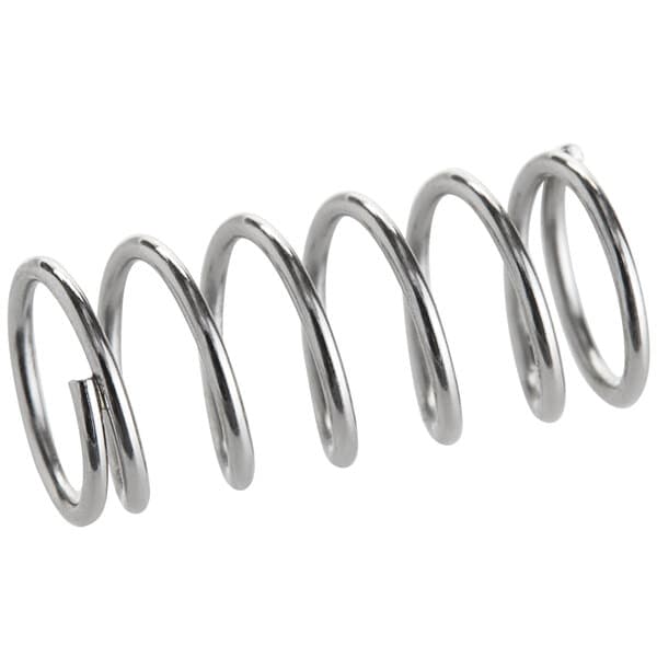 A close-up of a silver metal spring with a spiral shape.