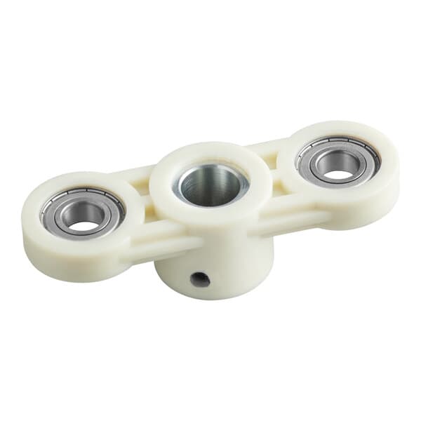 A white plastic replacement seat with three metal bearings designed for countertop bread slicers.