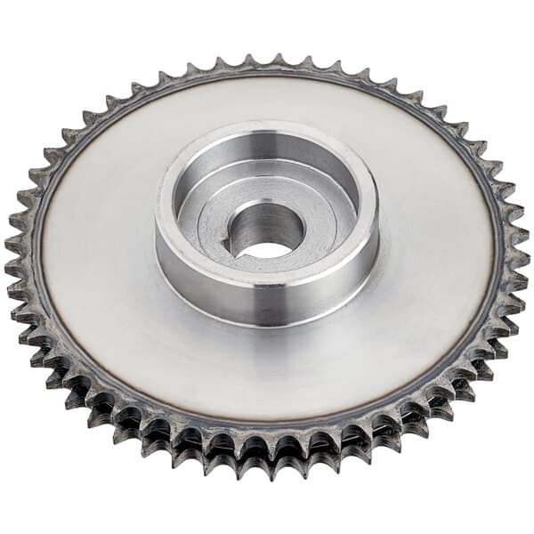 A silver gear sprocket with a hole in the center.