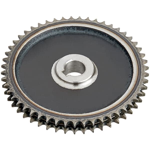 A black and silver Estella sprocket gear with a hole.