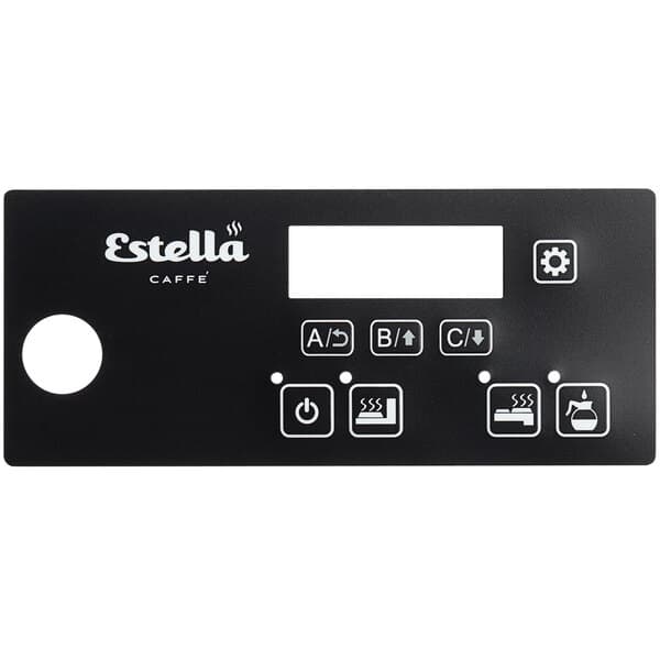 A black rectangular Estella Caffe exterior label with white text.