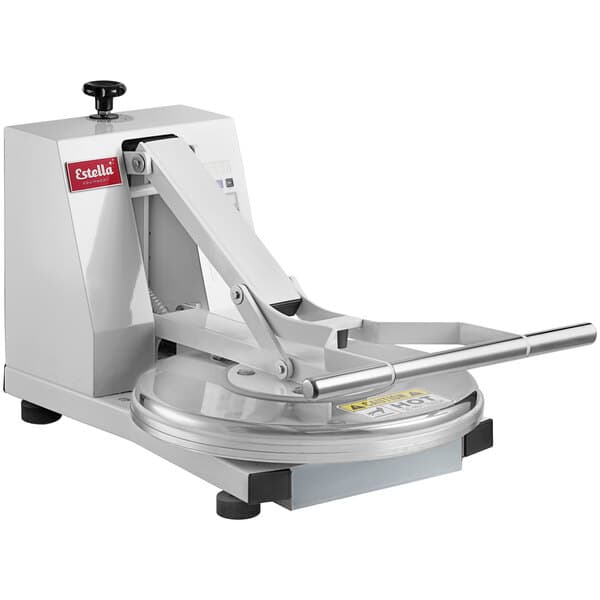 A white Estella manual pizza dough press with a black handle.