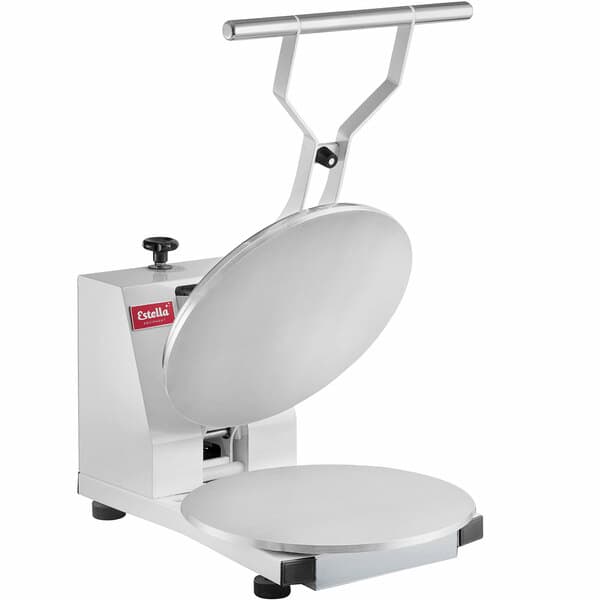 A white Estella clamshell dough press machine with a round lid.