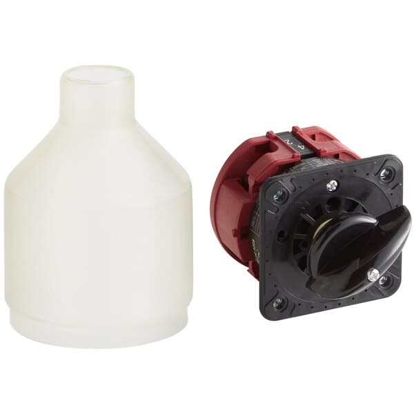 A white plastic container with a black knob and a red and black plastic cover.