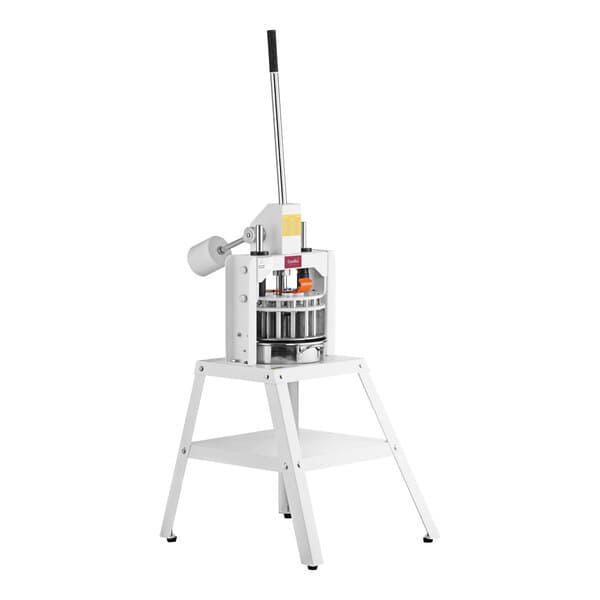 A white Estella manual dough divider machine with a handle and a small bowl on top.