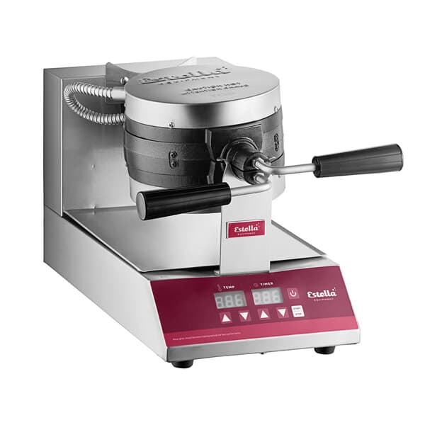 A white Estella commercial stacked waffle maker with a red base.
