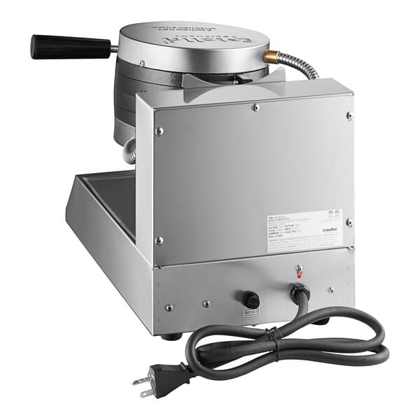 A silver Estella stacked Belgian waffle maker with a black cord.