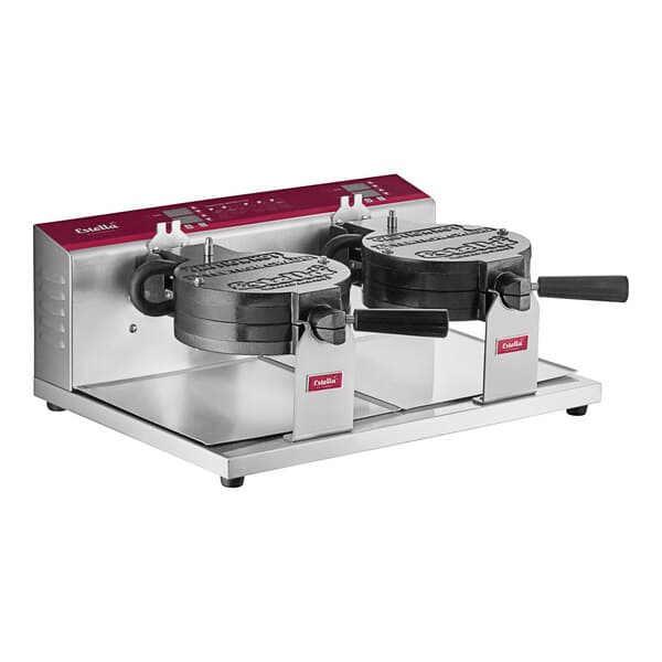 A white Estella commercial double Belgian waffle maker with two round black handles.