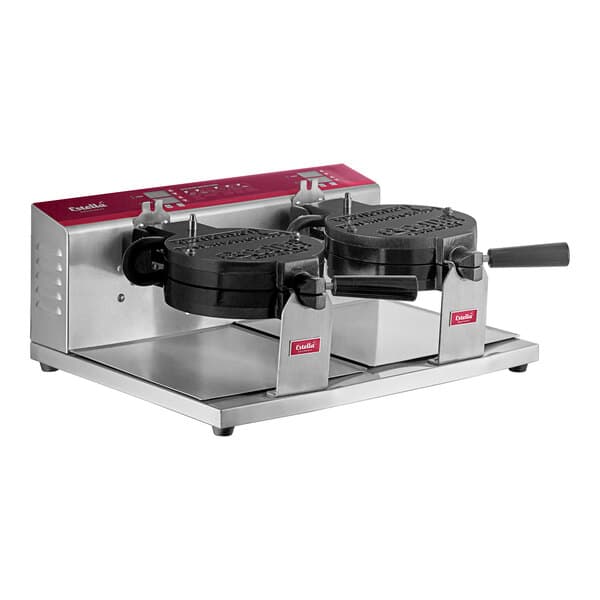 An Estella commercial double waffle maker with black and red covers and handles.
