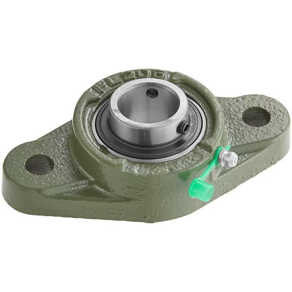 A close-up of a green UCP 205 pillow bearing unit with a round center.