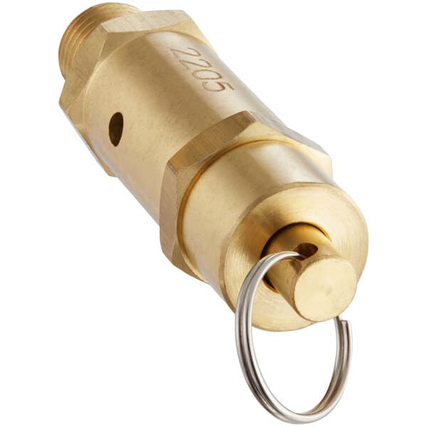A gold metal Estella Caffe safety valve with a ring on it.