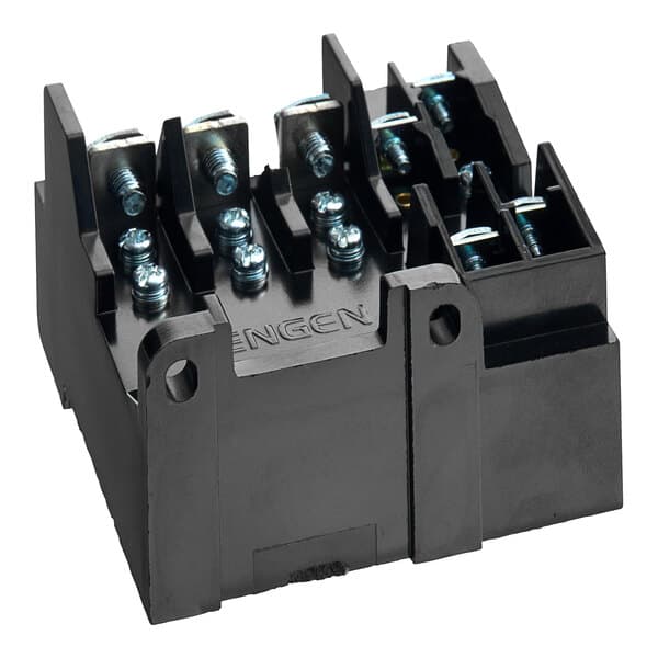 A black Estella thermal circuit breaker with four screws.