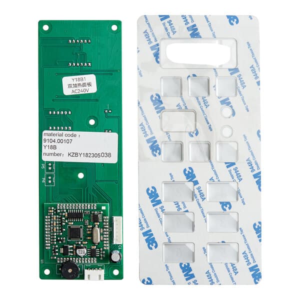 The green circuit board of an Estella Dual Heat Control Panel with a white label.