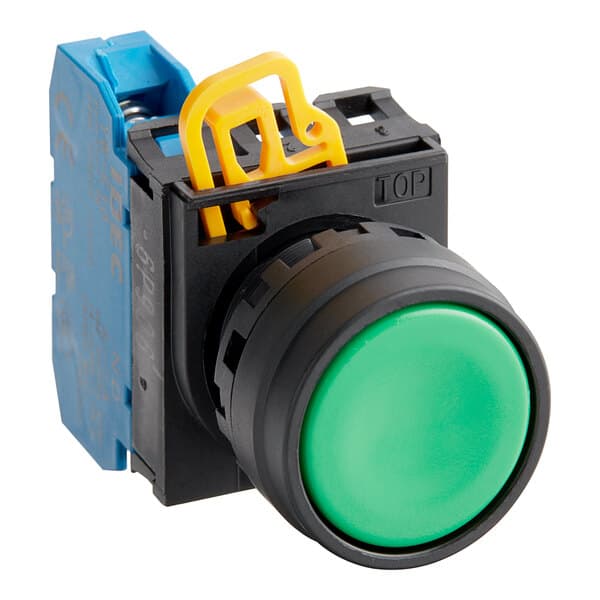 A green Estella push button for SM series with a plastic holder.