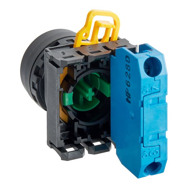 A yellow plastic connector with a blue and green plug.