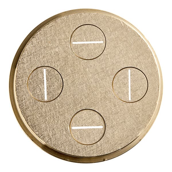 A circular brass Pappardelle pasta die with white lines.