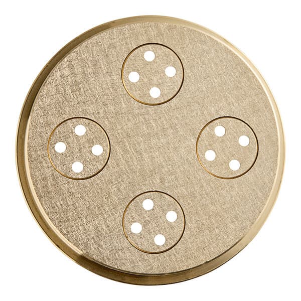 A circular metal Bigoli pasta die with holes.