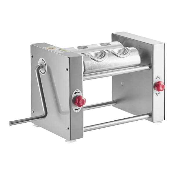 A stainless steel Estella manual turnover machine with red knobs and a handle.