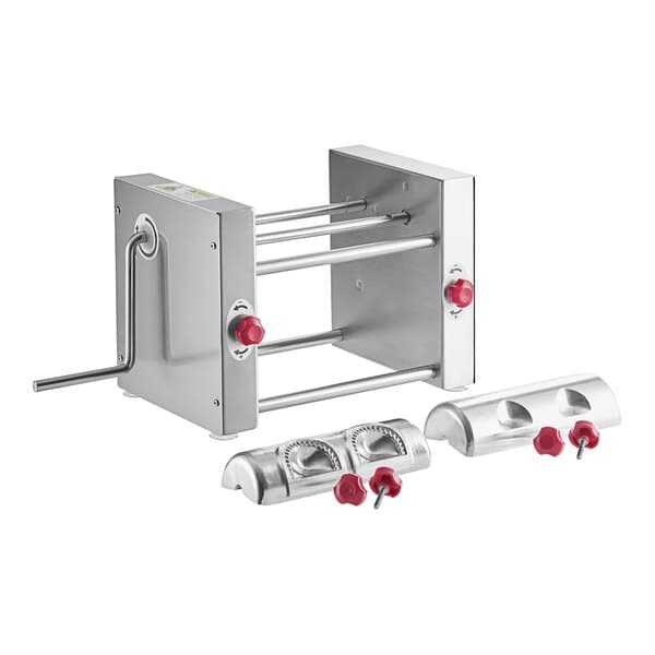 A stainless steel Estella Manual Turnover Machine with red knobs.