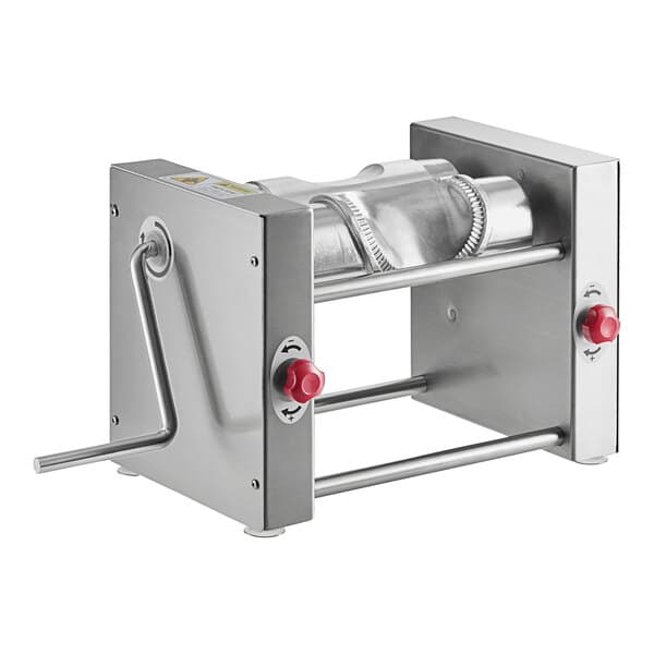 A stainless steel Estella manual turnover machine with red knobs.