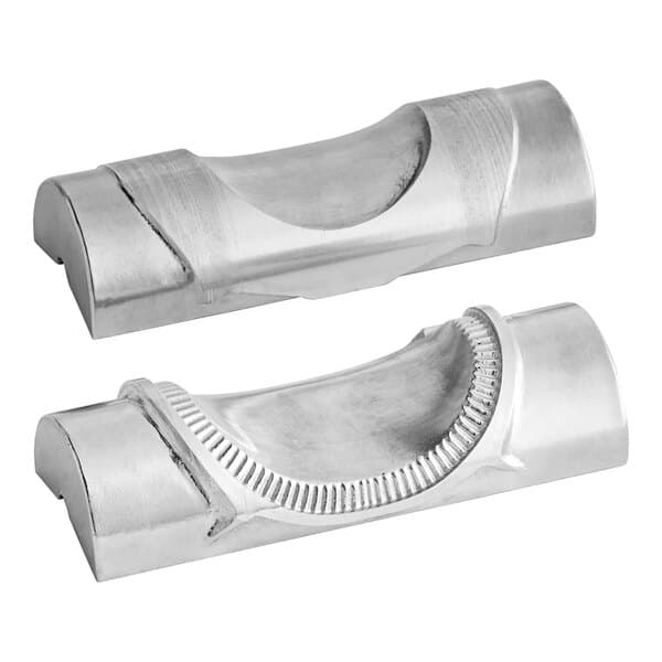 Two silver metal semi-circle dies for Estella dough preparation equipment.