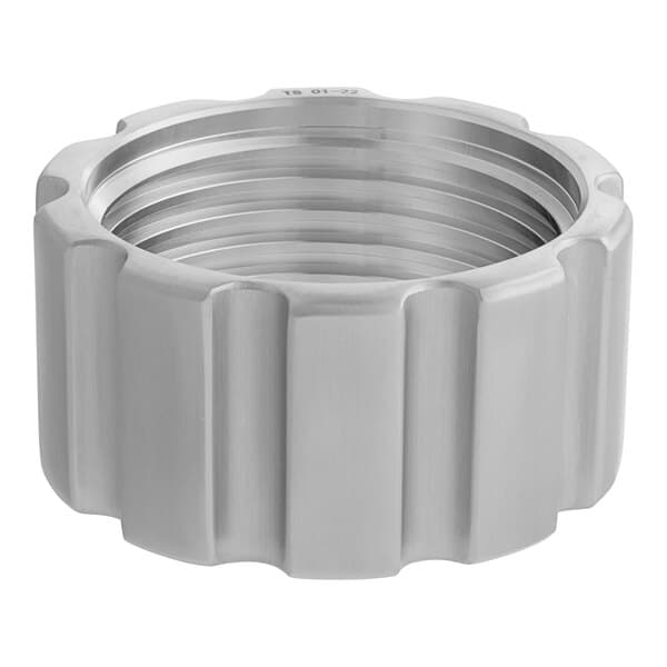 A stainless steel nut ring with a hole in the middle on a white background.