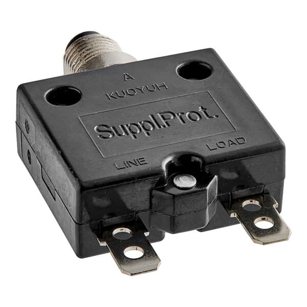 A black square Estella overload protection switch with metal connectors.