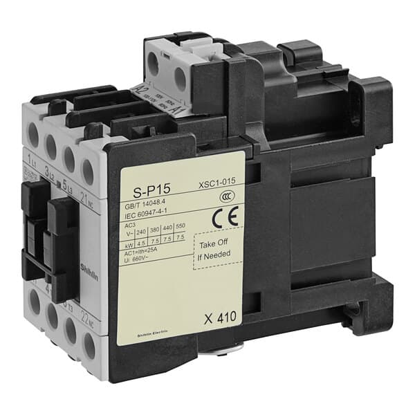 A close-up of a black Estella AC contactor.