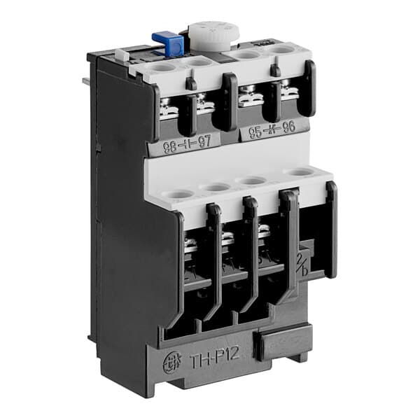 A black and white Estella overload protection switch with three switches and two wires.