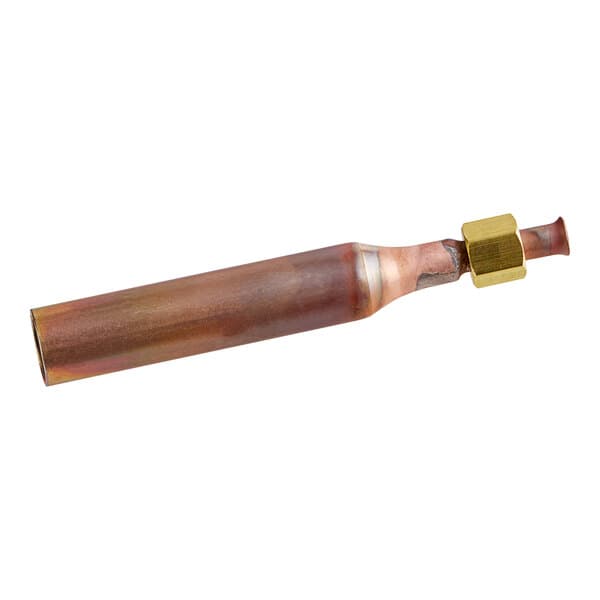 A copper pipe with a brass nut on it.