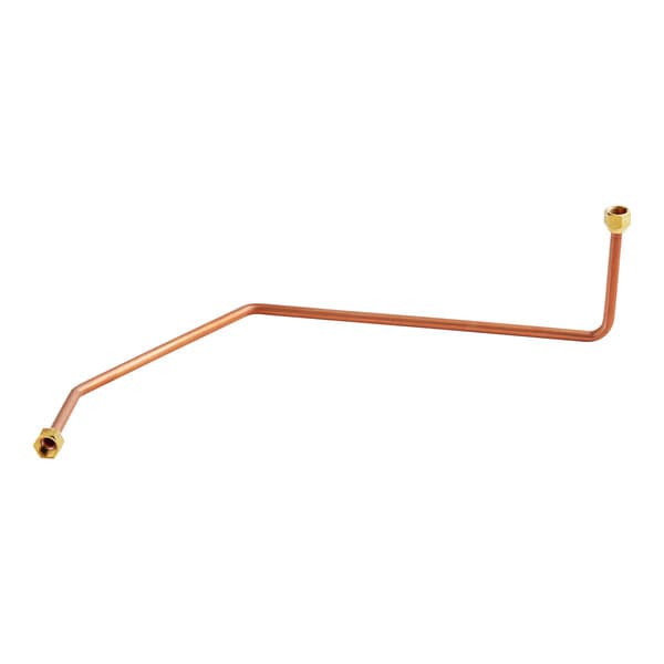 A long copper pipe with brass nuts on a white background.