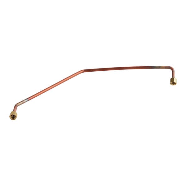 A copper pipe with a brass nut on one end and a red tube on the other.