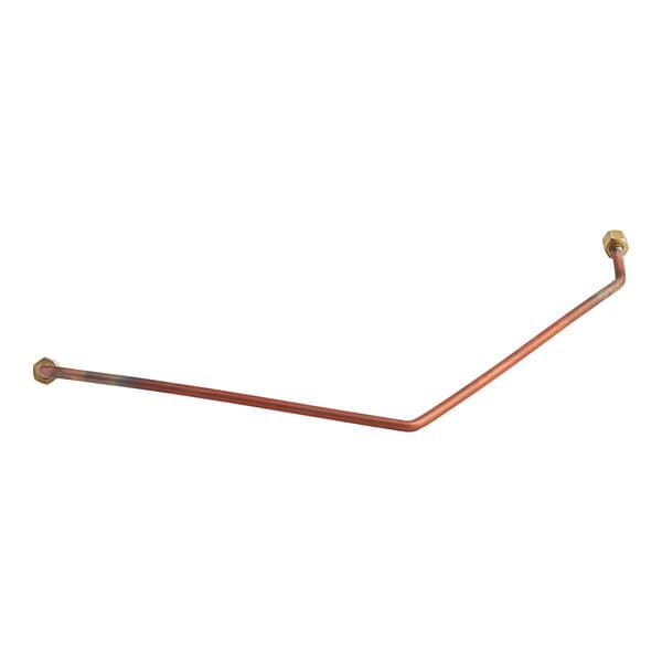 A long metal pipe with a red handle and a nut on the end.