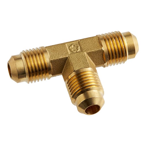 A gold brass Estella Caffe Union Tee fitting.