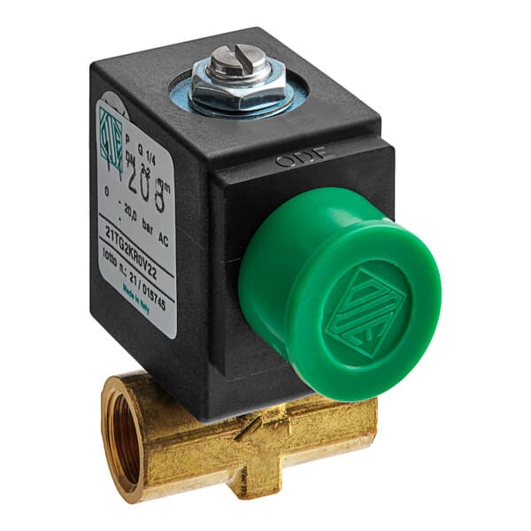 A green Estella Caffe solenoid valve with brass accents.