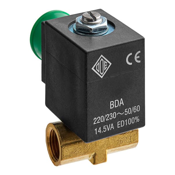 A black and green Estella Caffe solenoid valve with a green knob.