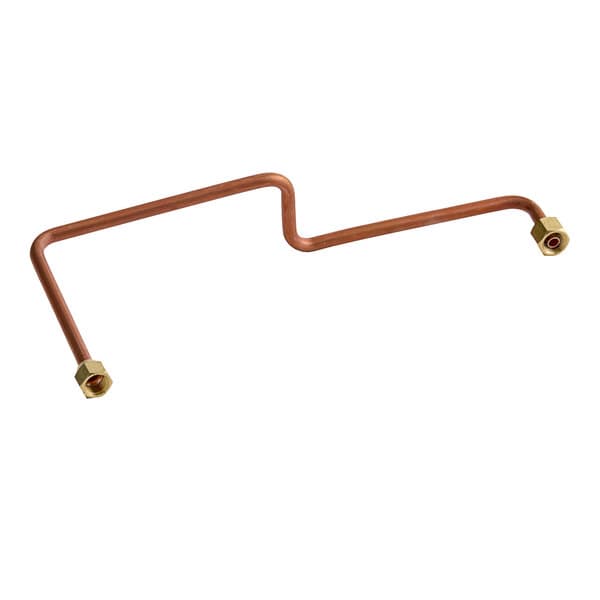 A close-up of a copper pipe with brass nuts on the end.