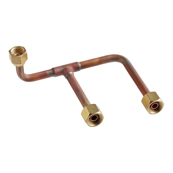 A copper pipe with two brass fittings and a nut.