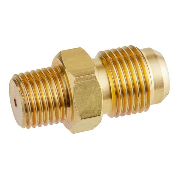 A brass threaded male connector with a gold nut.