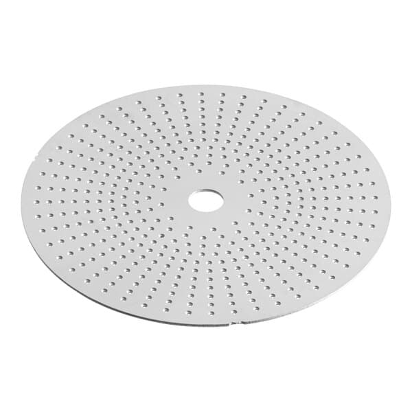 A circular bronze metal filter with holes.