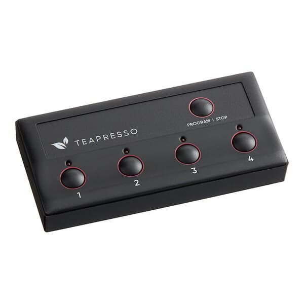 A black rectangular Estella Caffe faceplate with red buttons for four buttons.