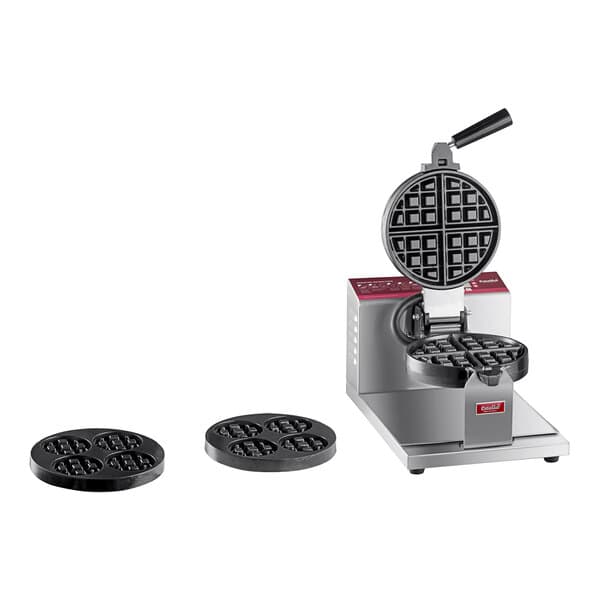 A black Estella commercial waffle maker with a round mini waffle plate.