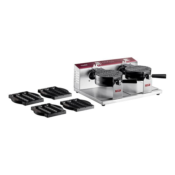 A black Estella Double Belgian Waffle Maker on a counter with waffle plates.