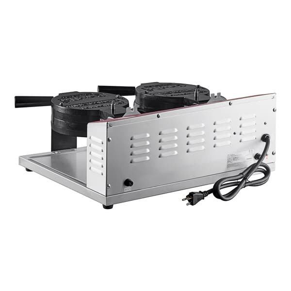 A white Estella double waffle maker with two black plates on top of it.